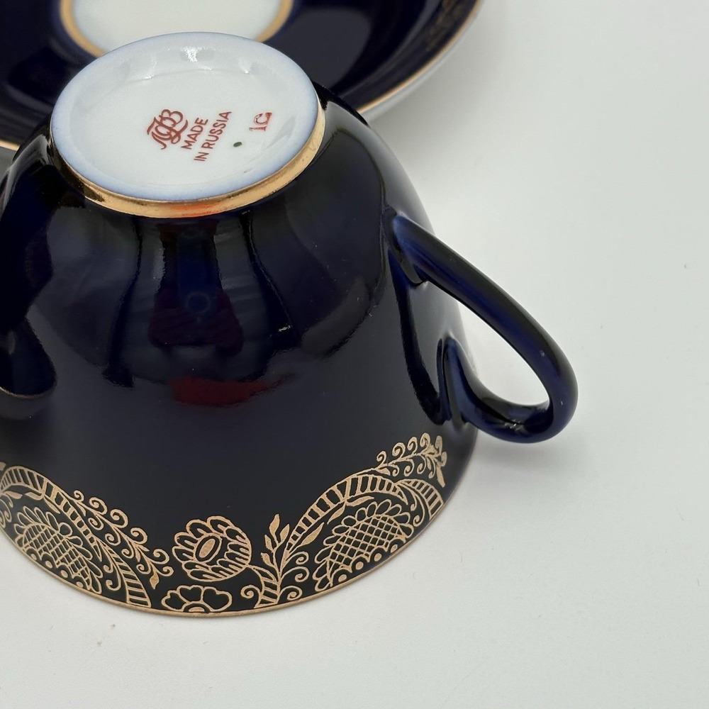 Vintage Russian Cobalt Net Gold Web Lomonosov Tea Cup with Saucer Set of 6 - Picture 8 of 13